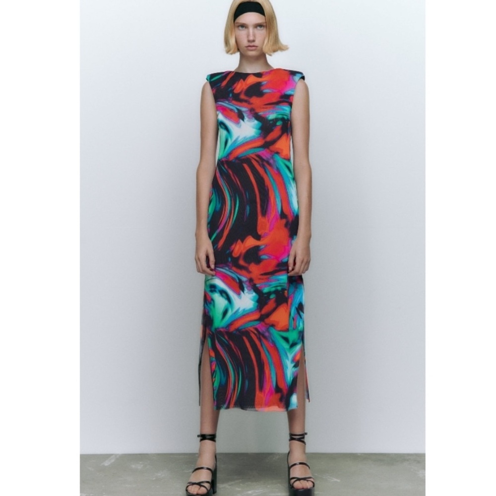 NEW Zara Printed Tulle Vibrant Midi Dress Stretch Slits Multicolor Black Red